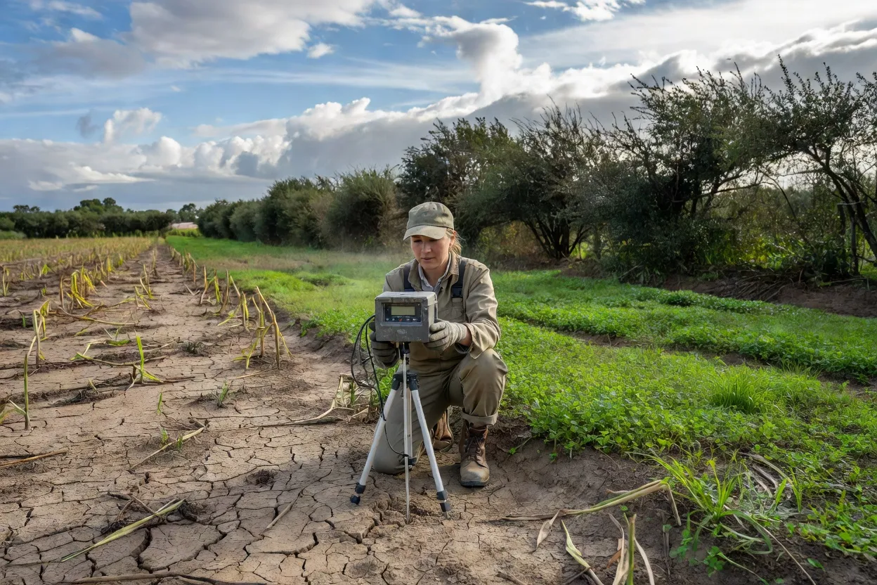 Technicienne relevant des indicateurs agroclimatiques sur le terrain