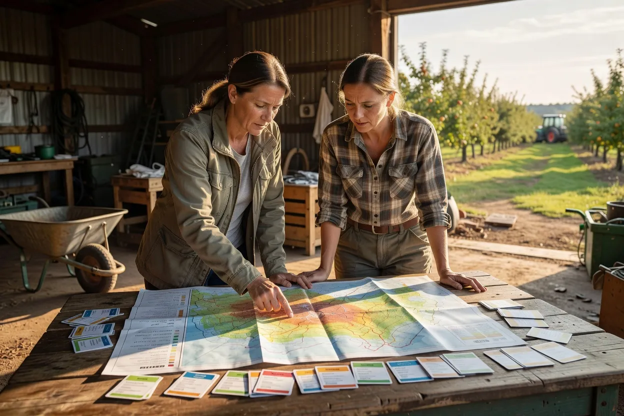Conseiller et agricultrice examinant une matrice de risques climatiques