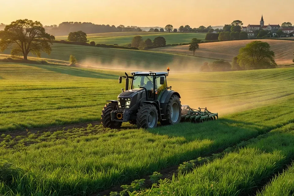 Agriculteur pratiquant le semis direct avec un tracteur dans un champ de couverts végétaux