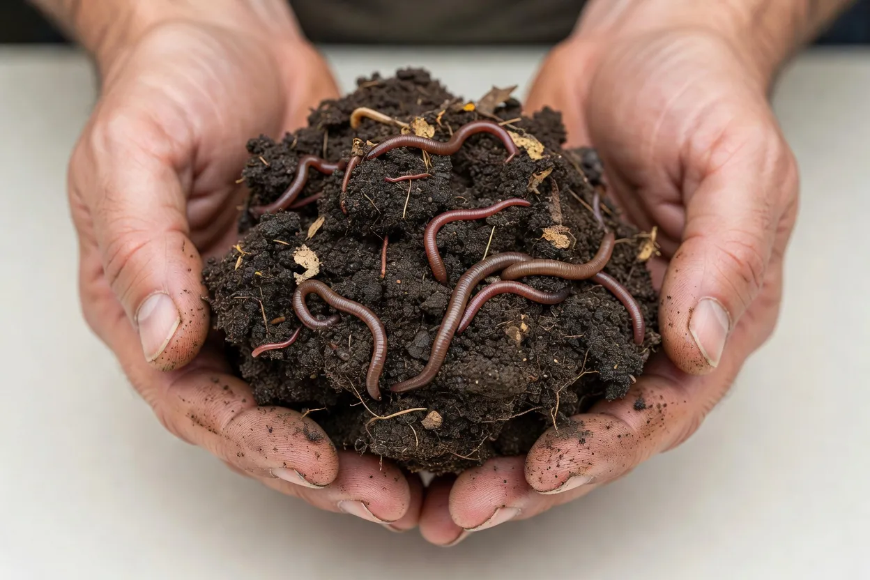 Gros plan de mains tenant une motte de terre saine avec vers de terre visibles