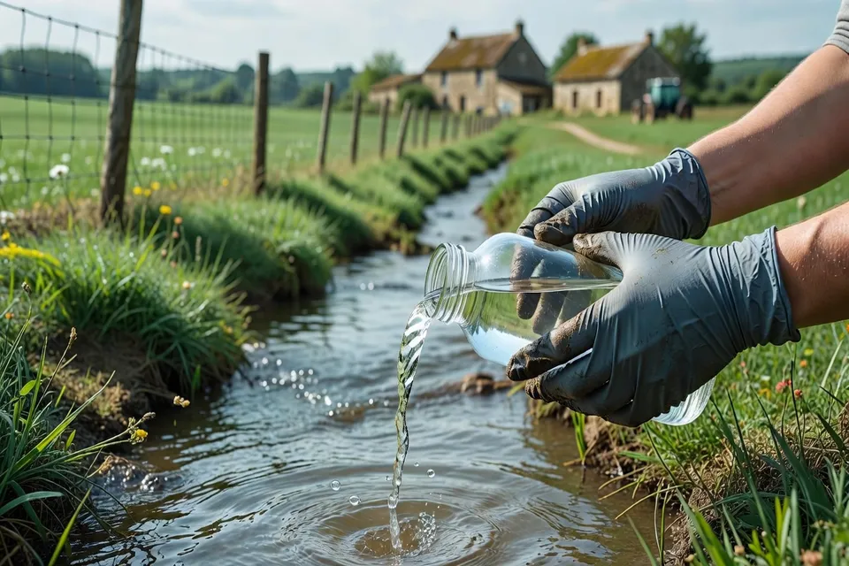 Hydrogéologue réalisant un prélèvement d'eau pour évaluer la qualité en zone agricole