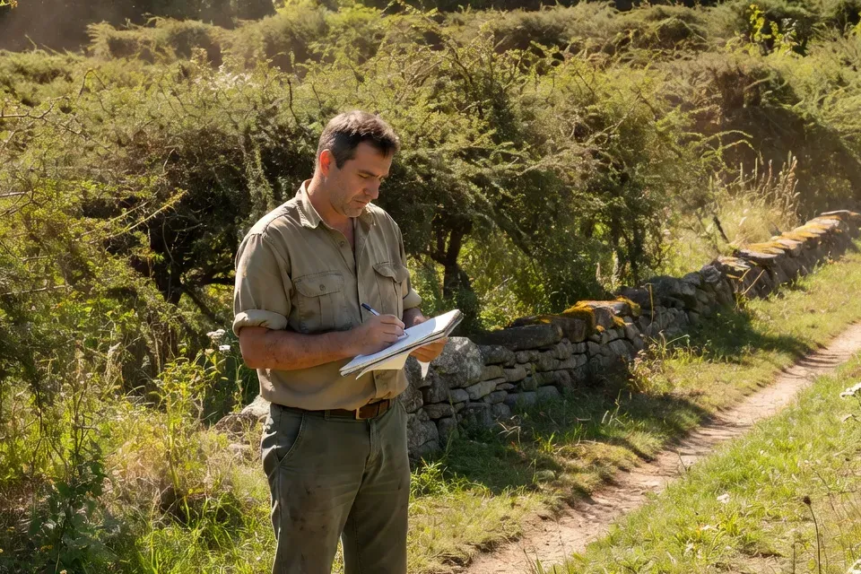 Auditeur HVE prenant des notes devant une haie champêtre lors d'une visite de terrain