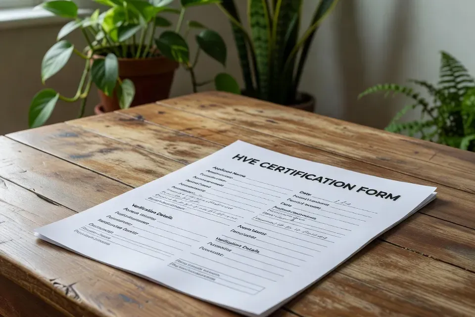 Formulaire de certification HVE sur une table avec végétaux en arrière-plan