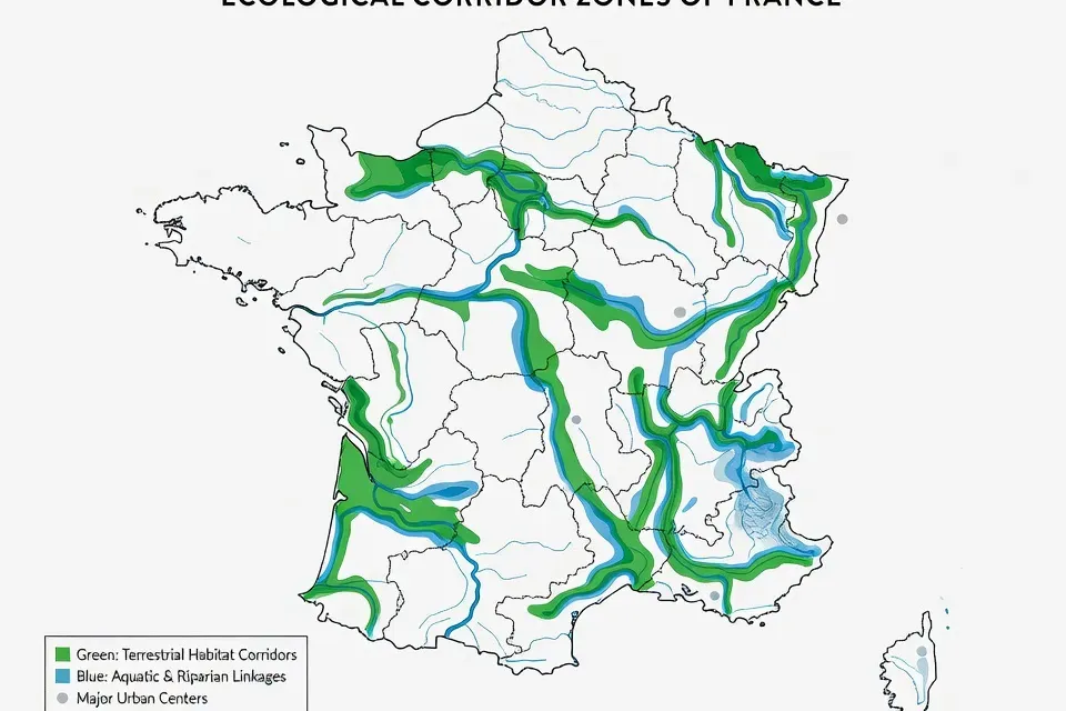 Carte de France avec zones de corridors verts et bleus style cartographie éditoriale