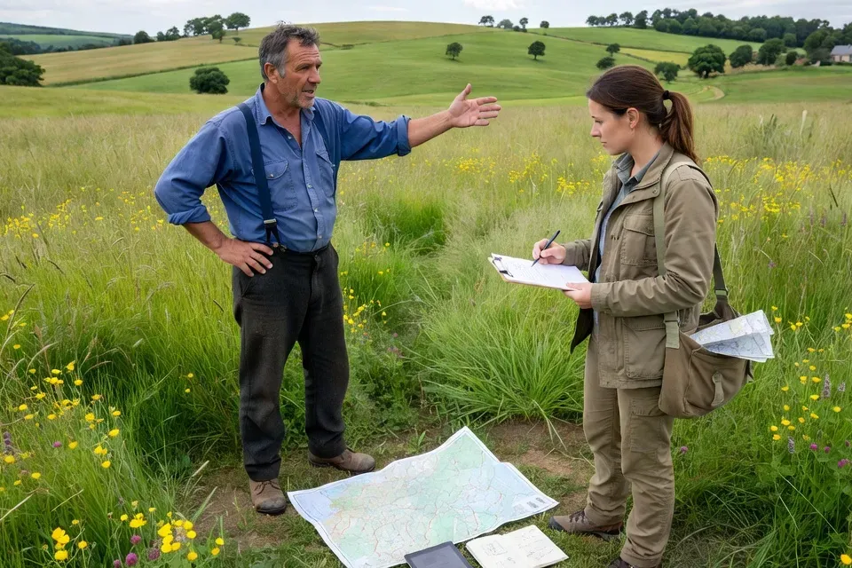 Réunion entre agriculteur et conseillère environnementale dans une prairie