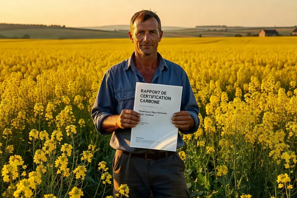 Agriculteur tenant un rapport de certification carbone devant un champ de colza