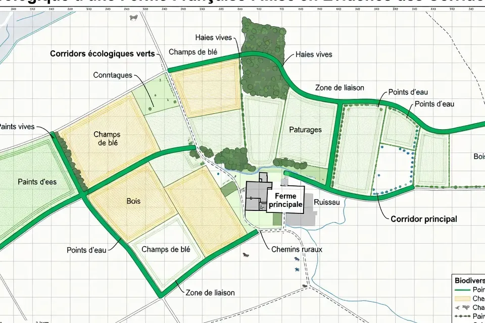 Carte des corridors ecologiques et elements TVB d'une exploitation agricole en zone bocagere